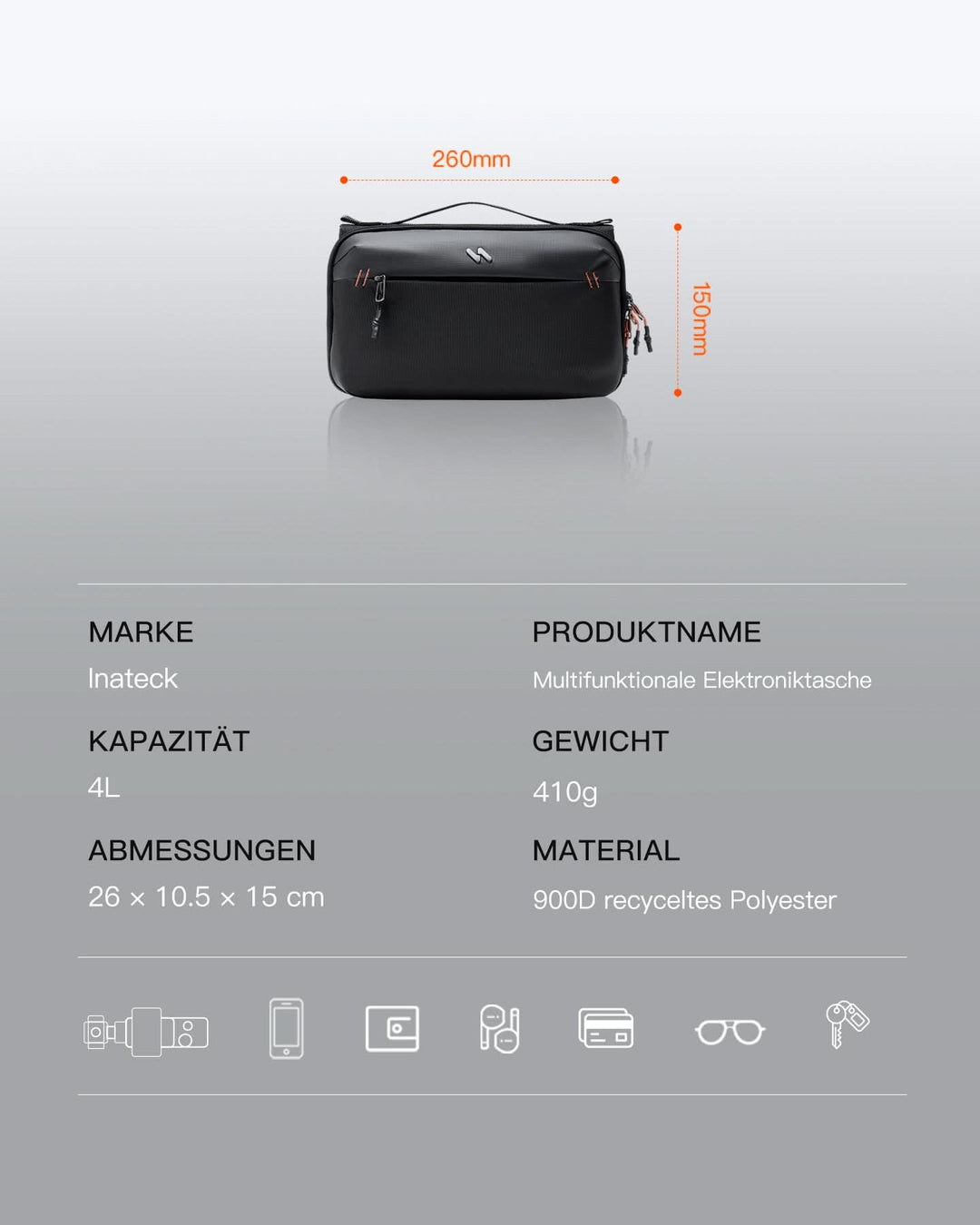 inateck DE Multifunktionaler Kabeltasche Elektronik Organizer, Spritzwassergeschütztes, ABM34