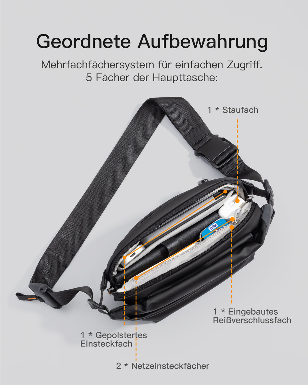 inateck DE Sling Bag mit 19 eingebaute Taschen, stylische Crossbody Bag mit verstellbarem Schultergurt, LB03014