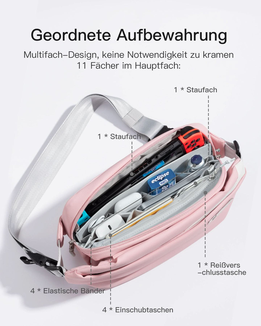 inateck DE Sling Bag mit 19 eingebaute Taschen, stylische Crossbody Bag mit verstellbarem Schultergurt, LB03014