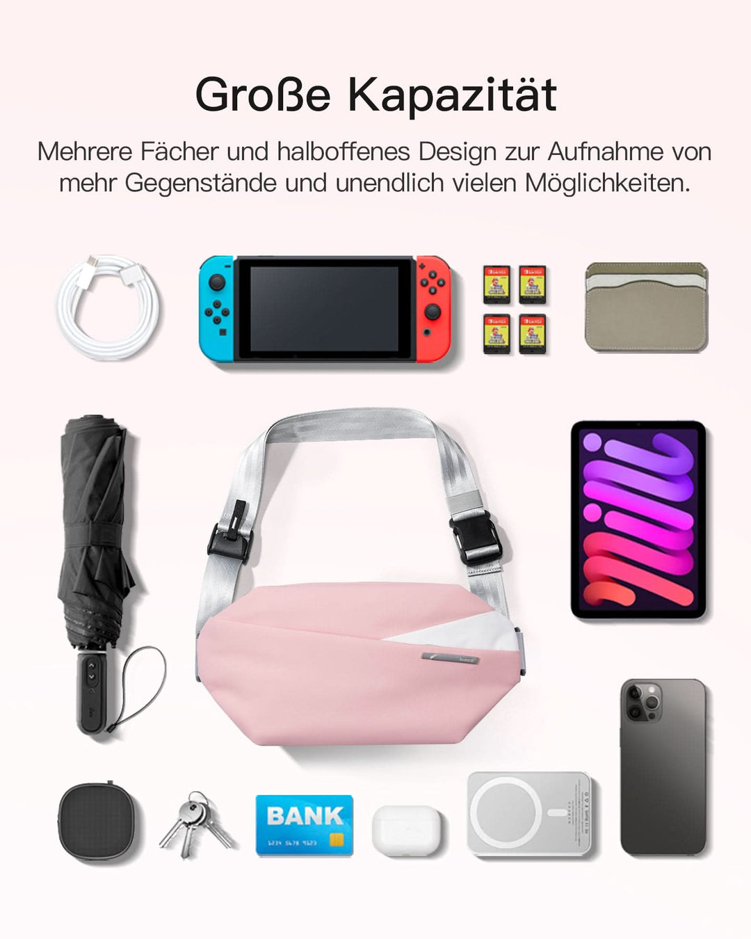 inateck DE Sling Bag mit 19 eingebaute Taschen, stylische Crossbody Bag mit verstellbarem Schultergurt, LB03014