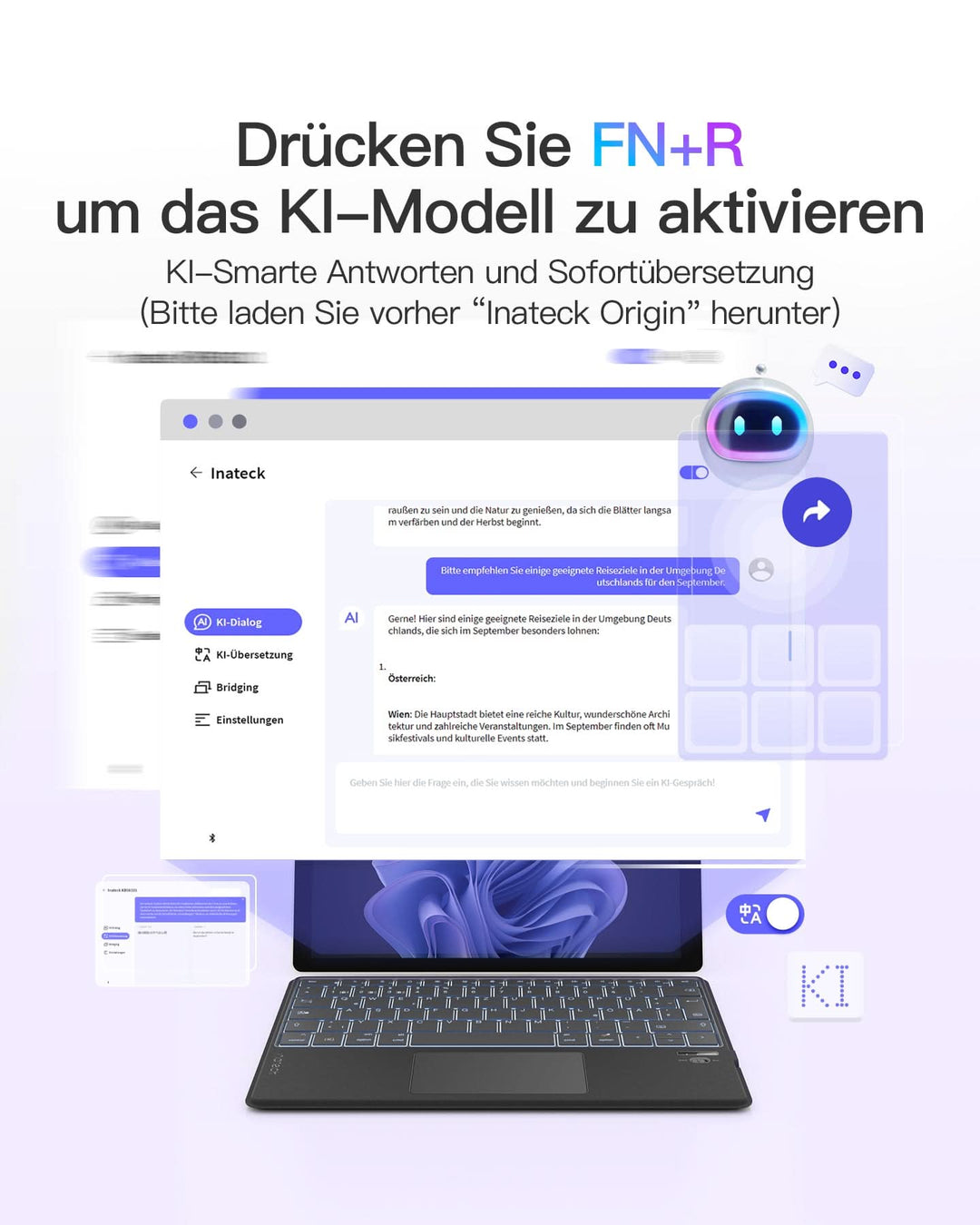 inateck DE KI-Funktion Tablet Tastatur, Unterstützt Windows, iPad OS, Android, iOS, QWERTZ, KB01104