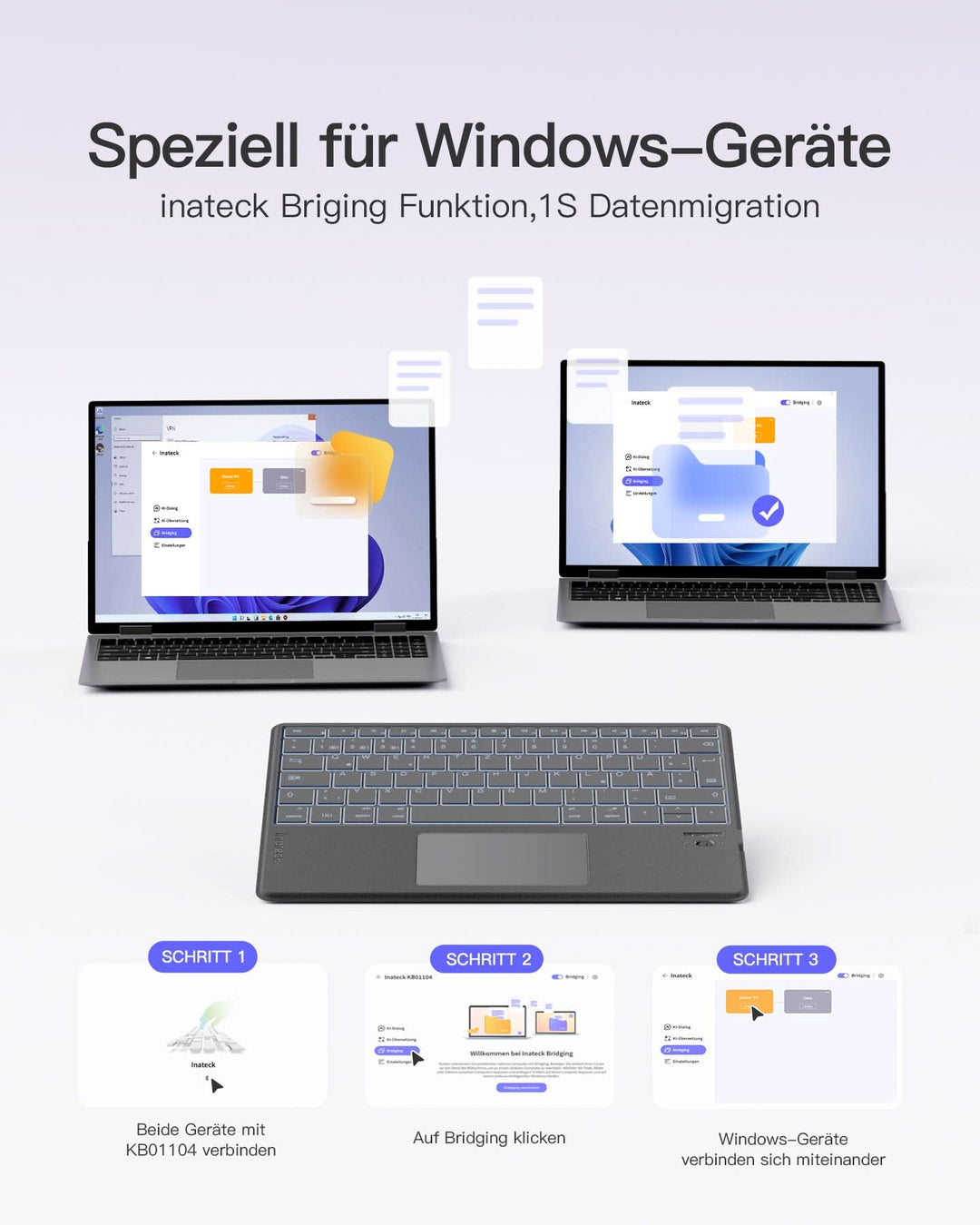 inateck DE KI-Funktion Tablet Tastatur, Unterstützt Windows, iPad OS, Android, iOS, QWERTZ, KB01104