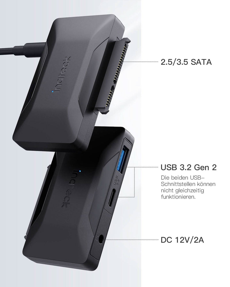 Inateck SATA USB Adapter, USB 3.2 Gen 2 Festplattenadapter für 2.5/3.5 Zoll SSD/HDD, 12V/2A Netzteil im Lieferumfang, bidirektionale Übertragung, UA1006 - Inateck Official DE