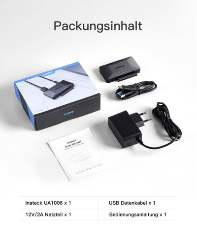 Inateck SATA USB Adapter, USB 3.2 Gen 2 Festplattenadapter für 2.5/3.5 Zoll SSD/HDD, 12V/2A Netzteil im Lieferumfang, bidirektionale Übertragung, UA1006 - Inateck Official DE