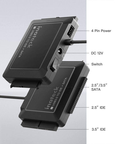IDE/SATA USB 3.0 Adapter für 2.5/3.5 Zoll HDD/SSD Festplatten, mit 12V/2A Stromversorgung, SA03001 - Inateck Official DE