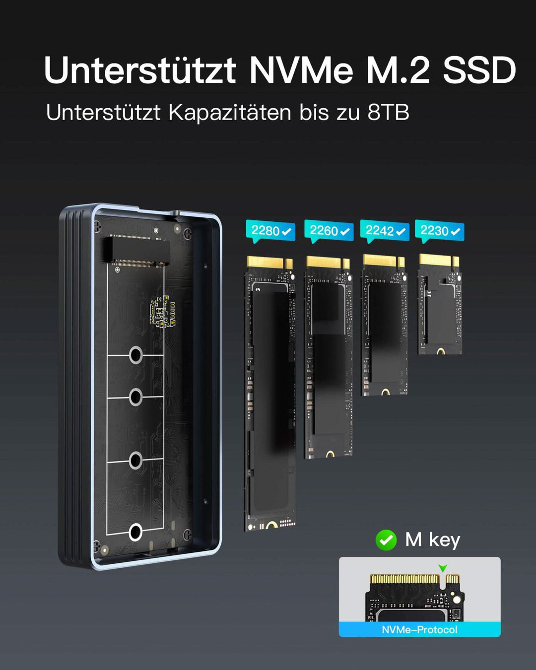 M.2 NVMe SSD-Gehäuse USB4.0/Thunderbolt 4, unterstützt 2230/2242/2260/2280 SSDs, M-Key, FE2028 - Inateck Official DE