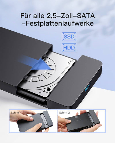 Festplattengehäuse 2,5 Zoll USB 3.0, Externes HDD Gehäuse für 7 mm/ 9,5 mm 2,5" SATA HDD und SSD, unterstützt UASP, Werkzeuglos, FE2013 - Inateck Official DE