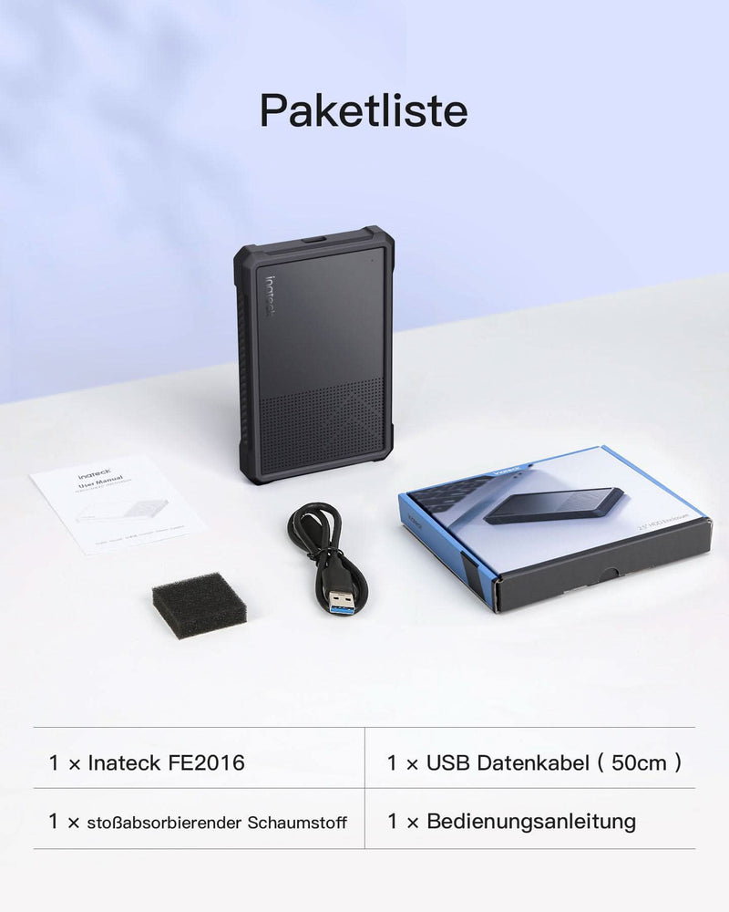 USB 3.2 Gen 2 Festplattengehäuse mit Silikon-Hülle für 2,5 Zoll SSDs und HDDs, bis zu 6Gbps, mit UASP, FE2016 - Inateck Official DE