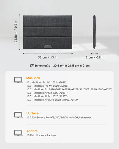 13 Zoll Laptop-Hülle mit Standfunktion für MacBook Air/Pro M2/M1, Surface Pro 9/8/7/X/6/5/4/3, LB01010