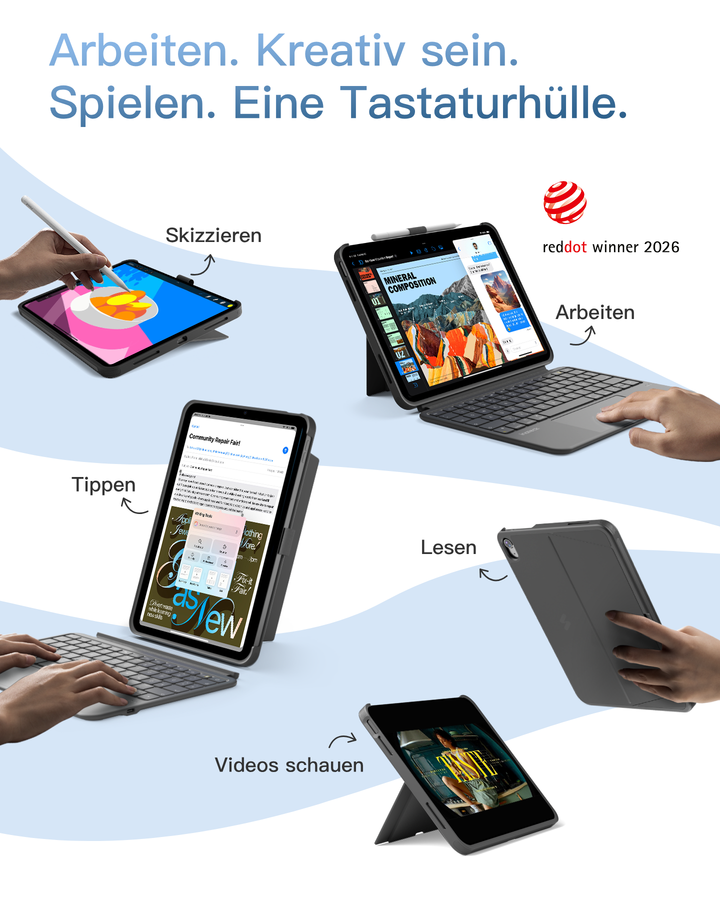 Abnehmbar Hülle mit Tastatur für iPad 11" A16 2025, iPad 10.9" 2022,mit Stifthalter, QWERTZ, AceTouch Pro, KB403-10 | Red Dot Design Award 2026