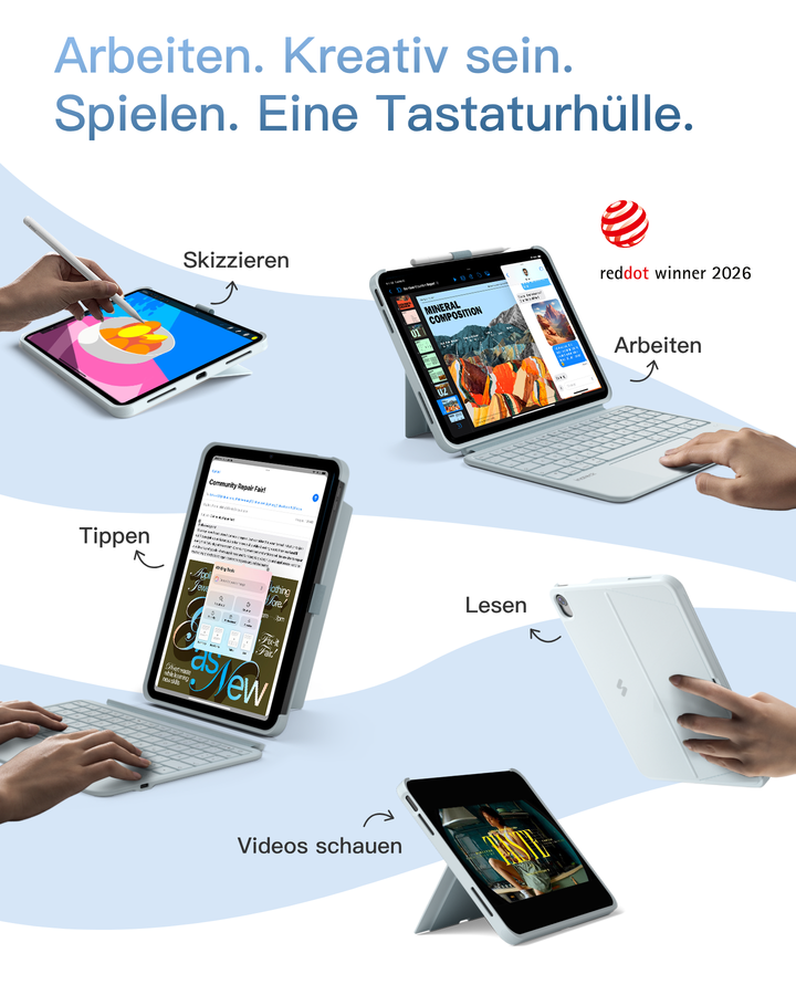 Abnehmbar Hülle mit Tastatur für iPad 11" A16 2025, iPad 10.9" 2022,mit Stifthalter, QWERTZ, AceTouch Pro, KB403-10 | Red Dot Design Award 2026
