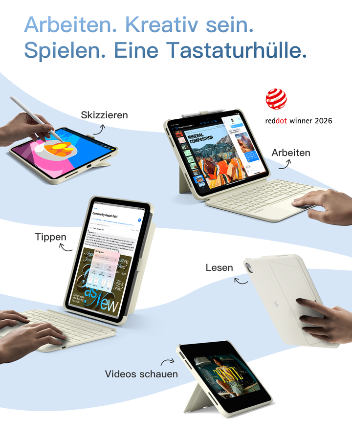 Abnehmbar Hülle mit Tastatur für iPad 11" A16 2025, iPad 10.9" 2022,mit Stifthalter, QWERTZ, AceTouch Pro, KB403-10 | Red Dot Design Award 2026