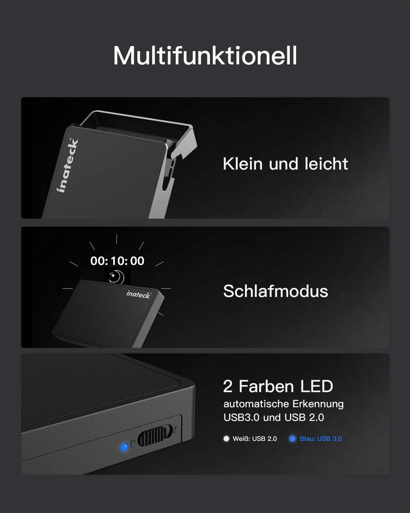 Festplattengehäuse 2,5 Zoll USB 3.0 für 7/9.5mm SATA SSD und HDD mit USB3.0 Kabel, keinen zusätzlichen Treiber benötigt, Werkzeuglose - Schwarz FE2005 - Inateck Official DE