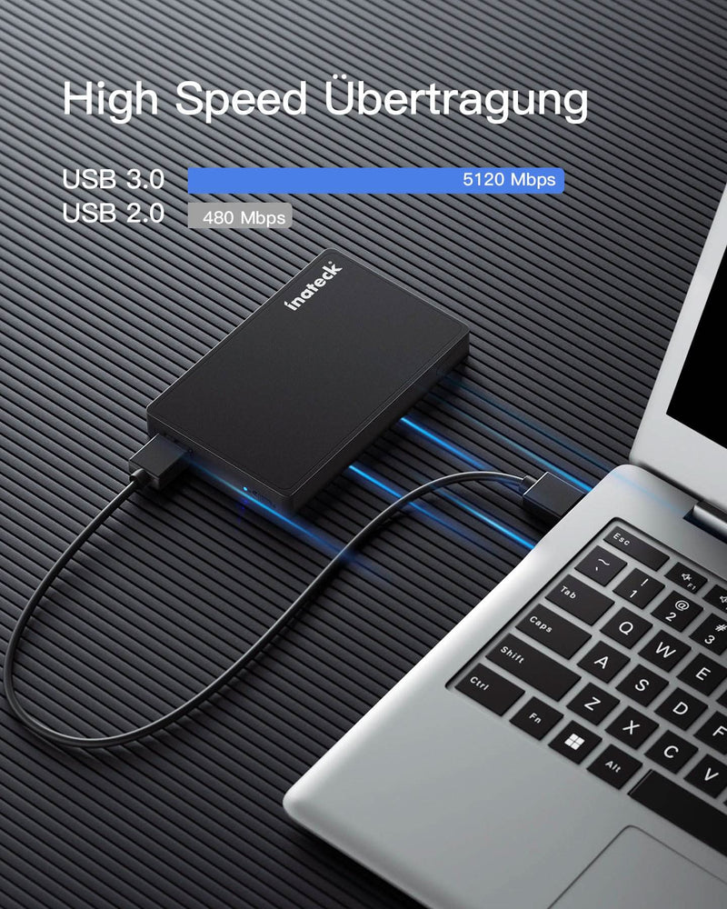 Festplattengehäuse 2,5 Zoll USB 3.0 für 7/9.5mm SATA SSD und HDD mit USB3.0 Kabel, keinen zusätzlichen Treiber benötigt, Werkzeuglose - Schwarz FE2005 - Inateck Official DE