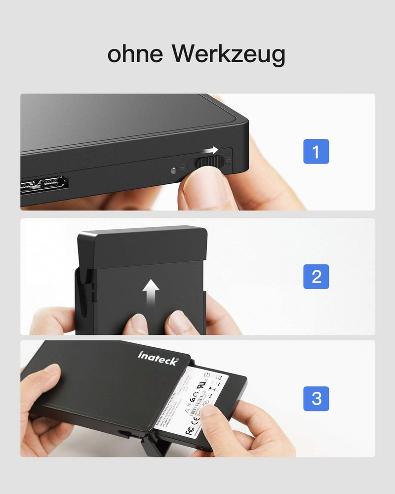 Festplattengehäuse 2,5 Zoll USB 3.0 für 7/9.5mm SATA SSD und HDD mit USB3.0 Kabel, keinen zusätzlichen Treiber benötigt, Werkzeuglose - Schwarz FE2005 - Inateck Official DE