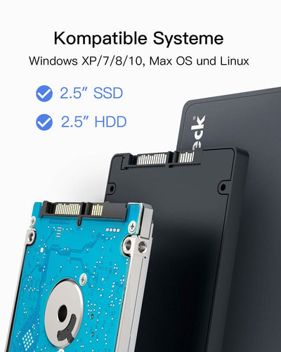 Festplattengehäuse 2,5 Zoll USB 3.0 für 7/9.5mm SATA SSD und HDD mit USB3.0 Kabel, keinen zusätzlichen Treiber benötigt, Werkzeuglose - Schwarz FE2005 - Inateck Official DE