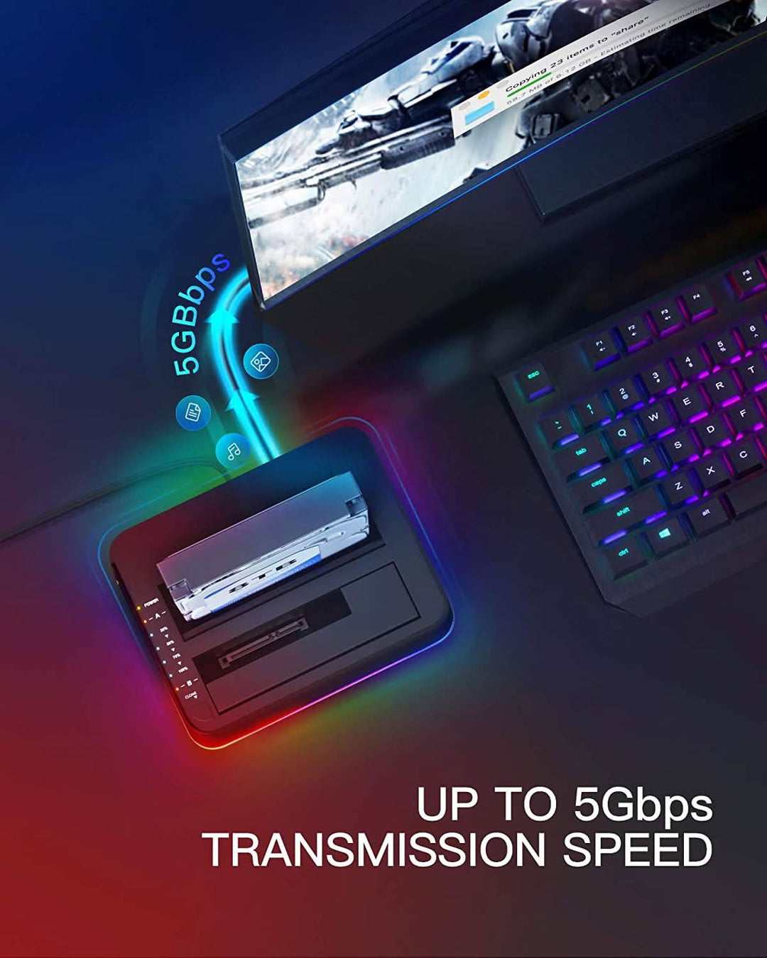 RGB Festplatten Dockingstation USB 3.0 mit Offline-Klonfunktion, für 2.5 u. 3.5 Zoll SATA HDDs und SSDs, UASP Unterstützt SA02003, Schwarz - Inateck Official DE