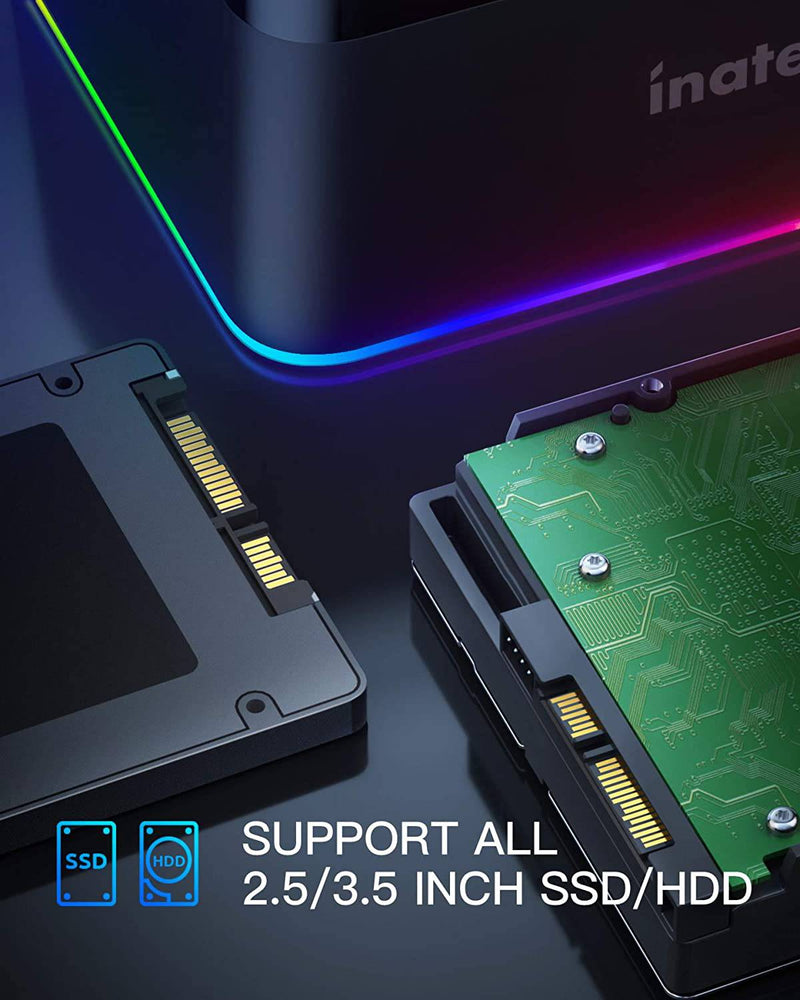 RGB Festplatten Dockingstation USB 3.0 mit Offline-Klonfunktion, für 2.5 u. 3.5 Zoll SATA HDDs und SSDs, UASP Unterstützt SA02003, Schwarz - Inateck Official DE