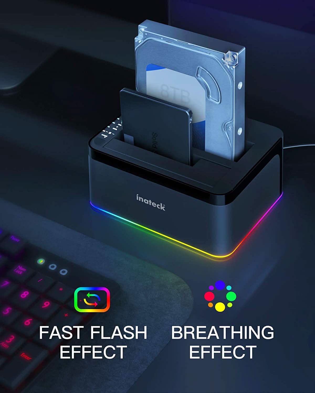 RGB Festplatten Dockingstation USB 3.0 mit Offline-Klonfunktion, für 2.5 u. 3.5 Zoll SATA HDDs und SSDs, UASP Unterstützt SA02003, Schwarz - Inateck Official DE