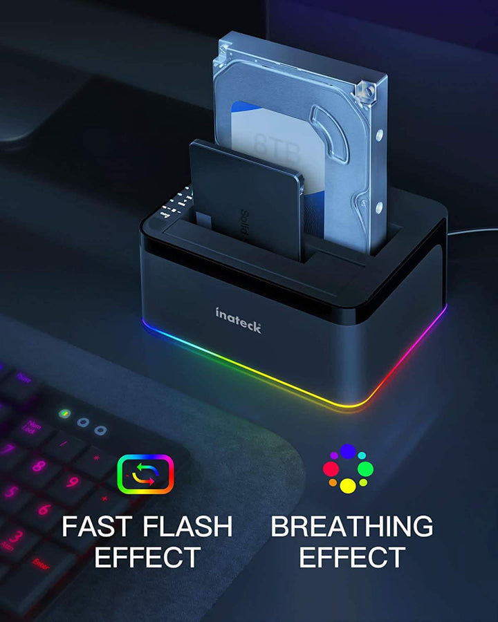 RGB Festplatten Dockingstation USB 3.0 mit Offline-Klonfunktion, für 2.5 u. 3.5 Zoll SATA HDDs und SSDs, UASP Unterstützt SA02003, Schwarz - Inateck Official DE