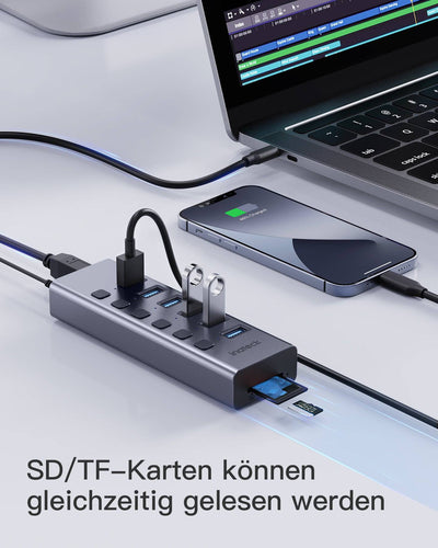 8-in-1 USB 3.0 Hub aktiv, Aluminium unabhängigen Schaltern, 6 USB-A Ports und SD/TF, mit Netzteil 20W (5V/4A), 100cm Kabel, HB2031