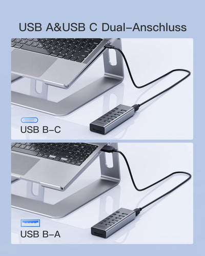 8-in-1 USB 3.0 Hub aktiv, Aluminium unabhängigen Schaltern, 6 USB-A Ports und SD/TF, mit Netzteil 20W (5V/4A), 100cm Kabel, HB2031 - Inateck Official DE