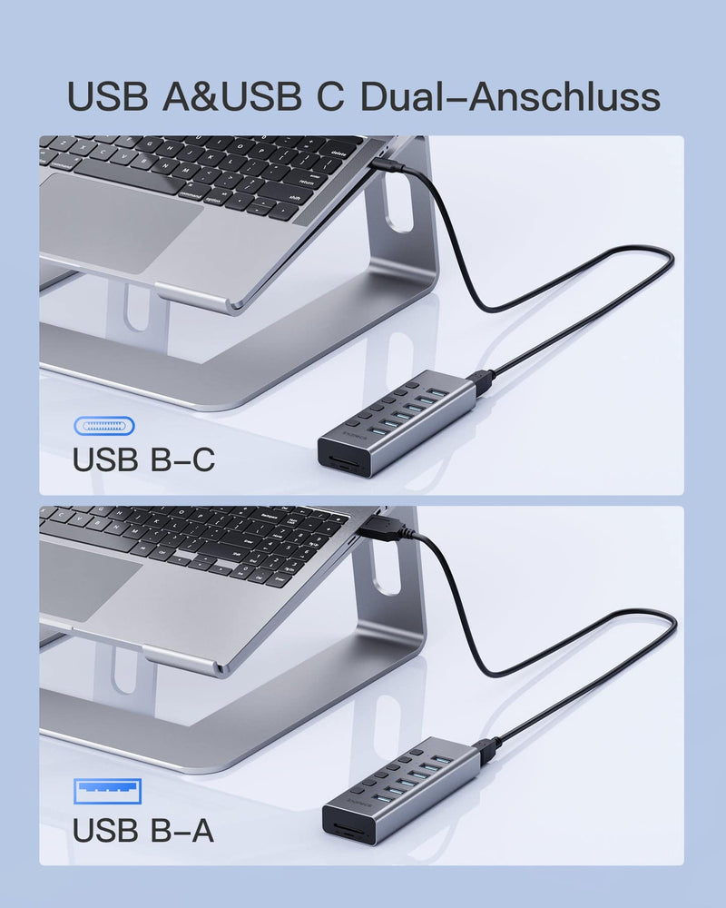 8-in-1 USB 3.0 Hub aktiv, Aluminium unabhängigen Schaltern, 6 USB-A Ports und SD/TF, mit Netzteil 20W (5V/4A), 100cm Kabel, HB2031
