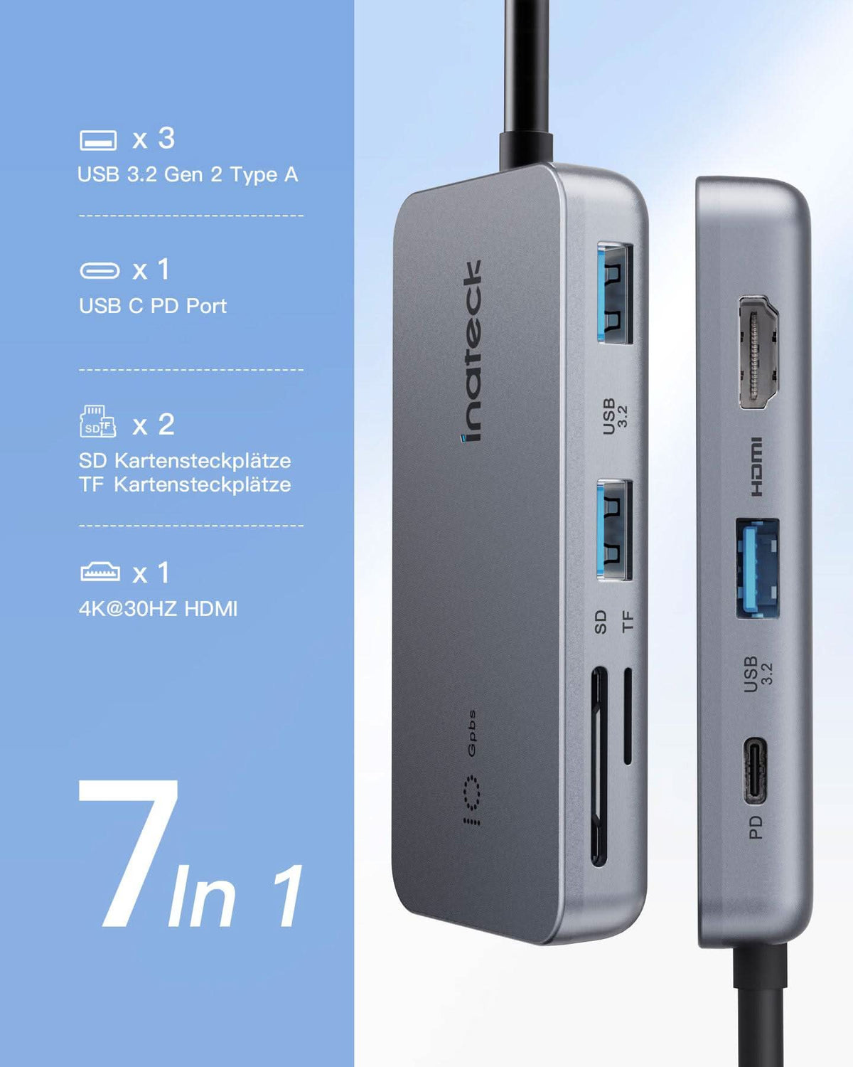 USB C Hub mit 7 Ports, USB 3.2 Gen 2, mit 4K HDMI Port, 50cm Kabel, HB2027 - Inateck Official DE