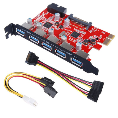 PCI-e Express-Controler-Karte mit 5 x USB 3.0-Anschlüssen, 20 poliger Anschluss mit 15 pol. SATA innen, inkl. 2 verschiedene 15pin-Kabel zu SATA-Stromanschluss - KTU3FR-5O2I - Inateck Official DE