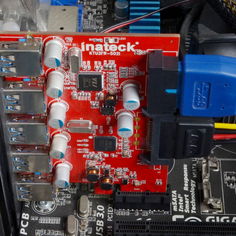 PCI-e Express-Controler-Karte mit 5 x USB 3.0-Anschlüssen, 20 poliger Anschluss mit 15 pol. SATA innen, inkl. 2 verschiedene 15pin-Kabel zu SATA-Stromanschluss - KTU3FR-5O2I - Inateck Official DE