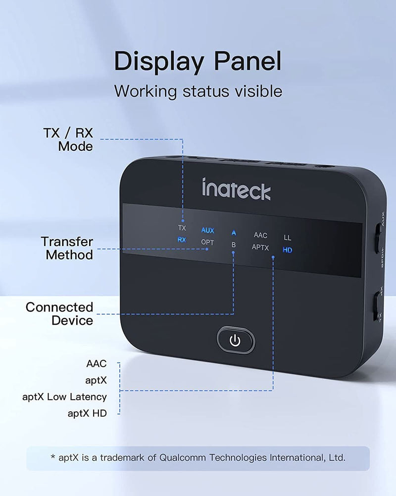 Bluetooth 5.0 aptX HD Transmitter, Audio Adapter mit Anzeige, geringe Latenz, unterstützt Glasfaserkabel, BR1009 - Inateck Official DE