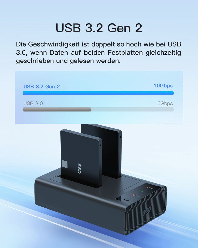 USB 3.2 Gen 2 Festplatten-Dockingstation, NUR für 2,5 Zoll SATA SSD/HDD, mit Klon-Software, FD2025