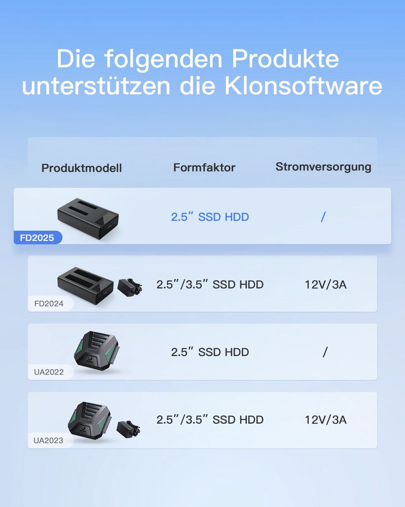 USB 3.2 Gen 2 Festplatten-Dockingstation, NUR für 2,5 Zoll SATA SSD/HDD, mit Klon-Software, FD2025