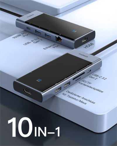 USB C Hub mit 10 Anschlüssen, USB 3.2 Gen 2 Geschwindigkeit, 50 cm Kabel, HB2026