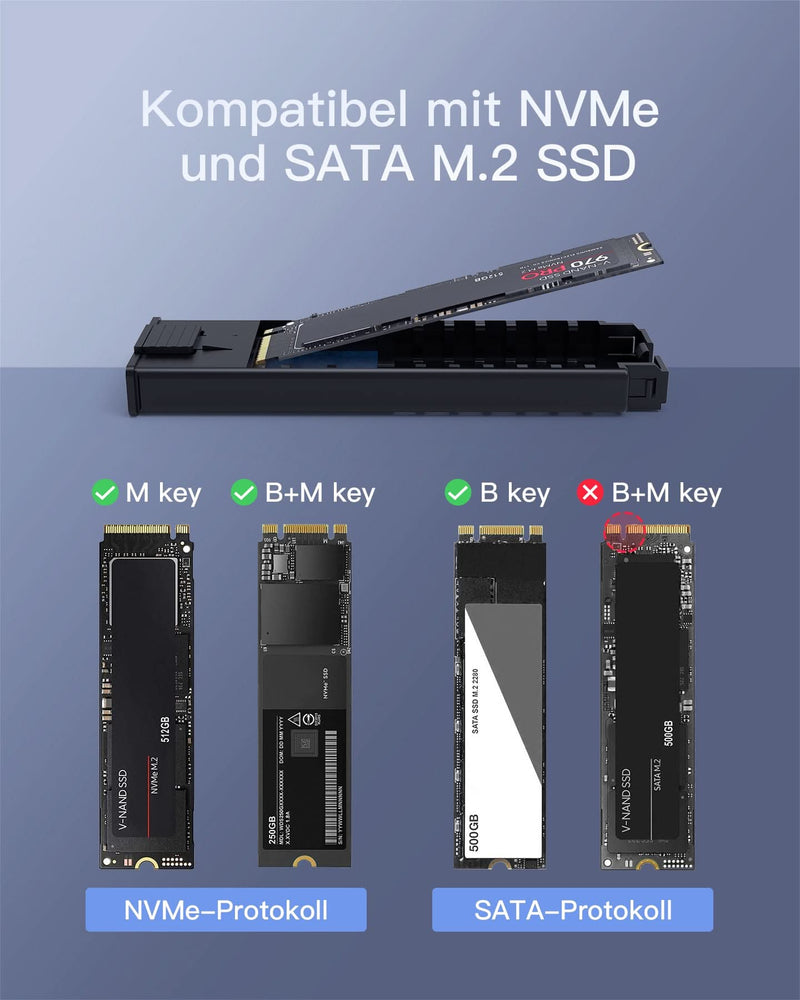 M.2 NVMe Gehäuse USB 3.2 Gen 2, für M.2 SATA /NVMe SSD (2242, 2260, 2280), USB A-C/USB C-C Kabel, FE2025 - Inateck Official DE