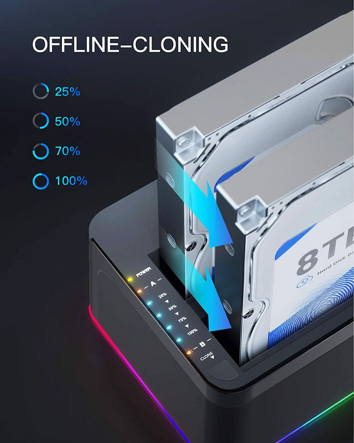 RGB Festplatten Dockingstation USB 3.0 mit Offline-Klonfunktion, für 2.5 u. 3.5 Zoll SATA HDDs und SSDs, UASP Unterstützt SA02003, Schwarz - Inateck Official DE